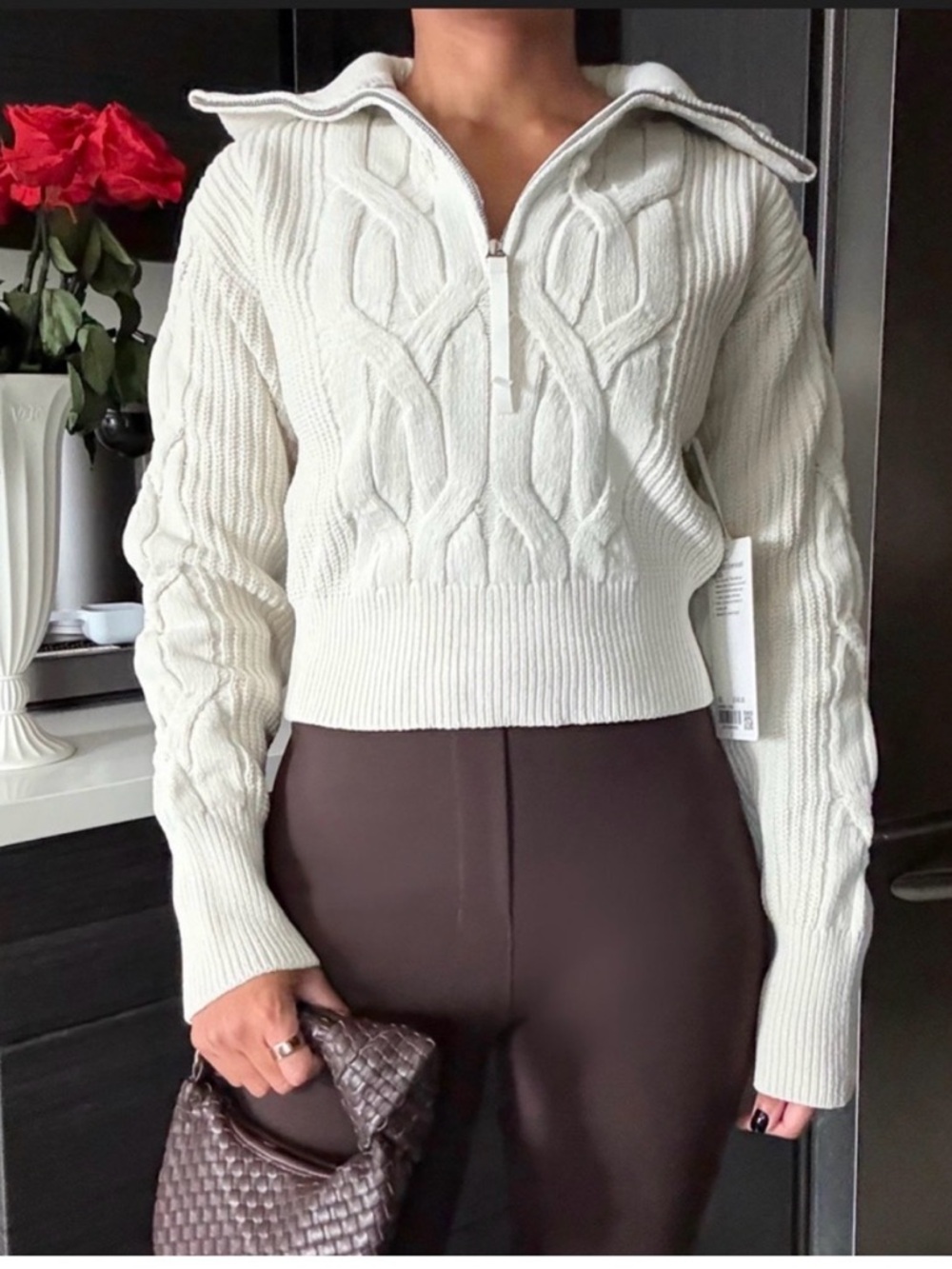 Lululemon Cropped Cable-Knit Half-Zip Sweater in Cream